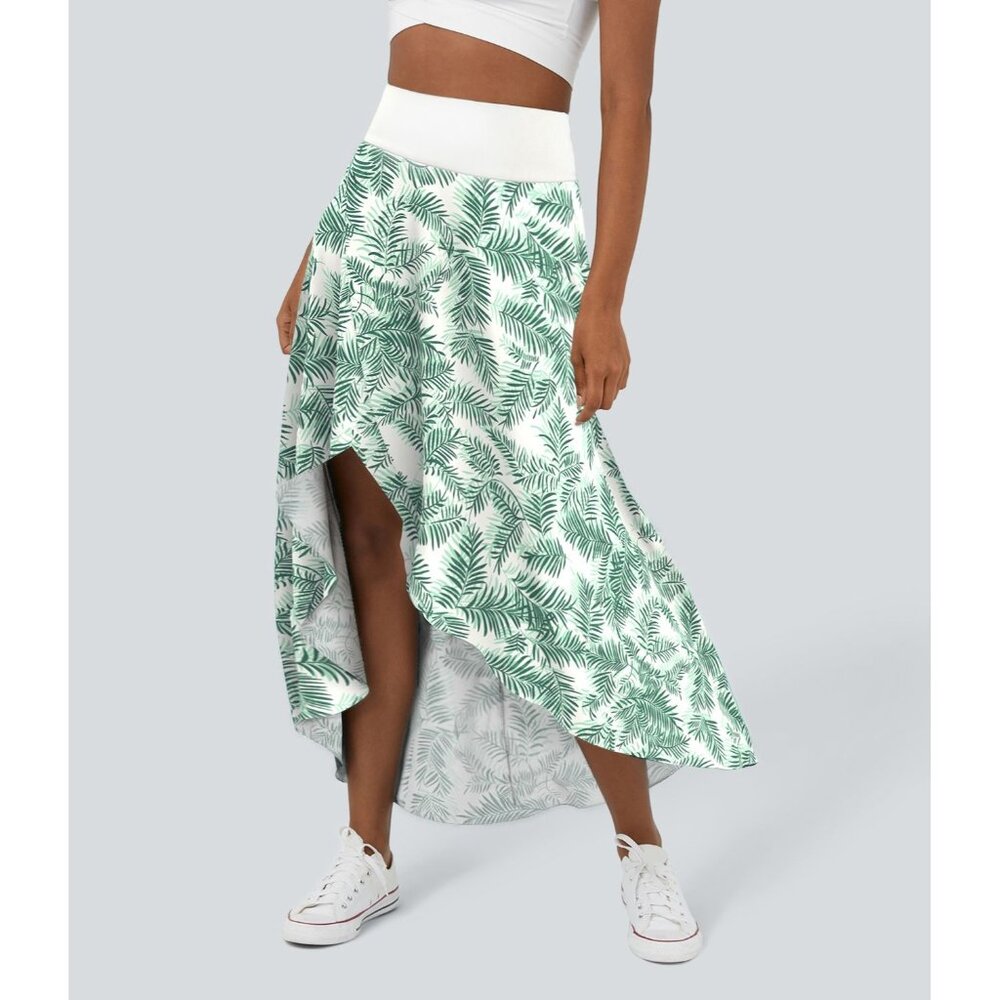 Halara Tropical Leaf Print High-Low Maxi Skirt With Built-In Shorts Palm Print S